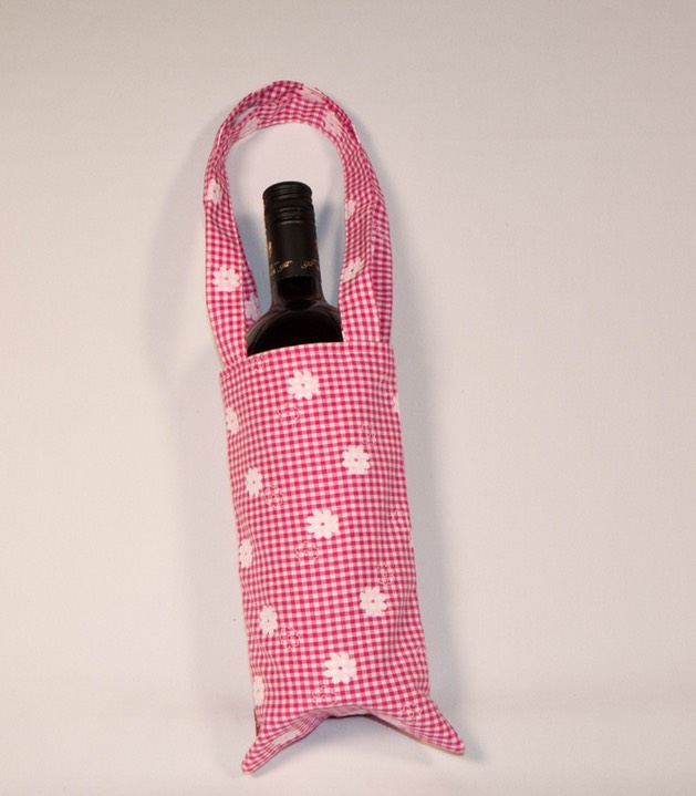Flaschentasche in pink mit Blümchen, 13x22 cm